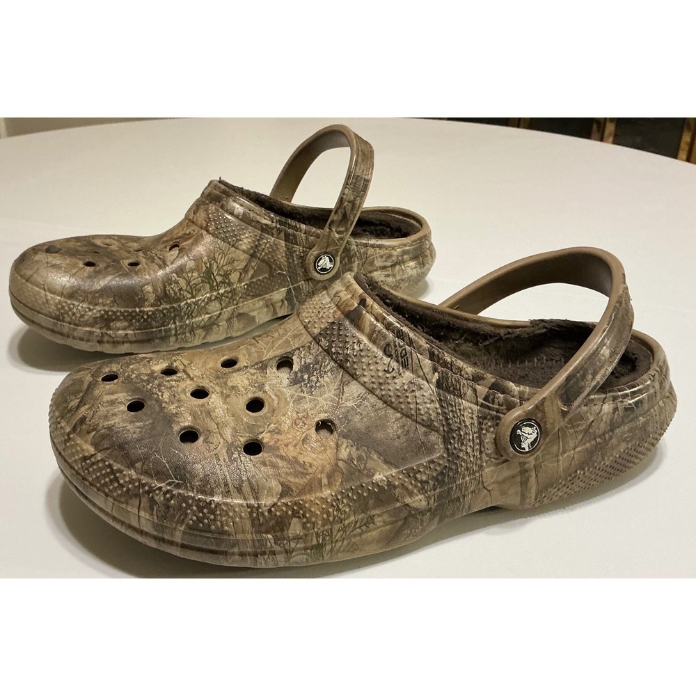 Crocs Classic Lined Clogs Mens RealTree Edge Camo Brown Fuzzy Fleece Fur Sz 12